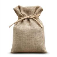 A rustic burlap sack tied with twine, perfect for various uses. isolated on white background. photo