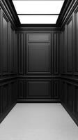 Modern black elevator interior with elegant design and lighting. photo