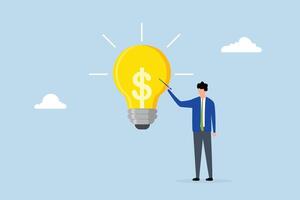 Idea pitching, businessman proposes investment idea using a lightbulb in a discussion. vector