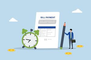 Bill payment, Businessman holding a pencil and a bill payment document, with an alarm clock. vector