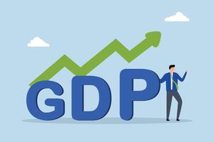 GDP Gross domestic product, Businessman is seen standing next to a GDP sign and a rising graph and chart. vector