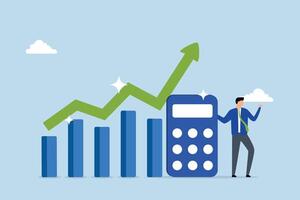 Calculate revenue growth, Businessman holding a calculator and looking at a growth chart with an increasing arrow. vector