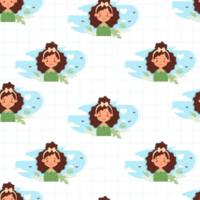 Seamless pattern with happy curly girl on checkered background with clouds png