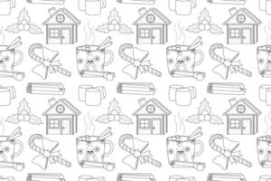 Black and white seamless pattern featuring mugs of cocoa, candy canes, gingerbread houses, holly, and cinnamon sticks. vector