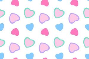 Colorful seamless pattern featuring pastel pink, blue, and green hearts with a playful, minimalist design on a white background. Ideal for Valentines Day, romantic themes, or creative projects. vector