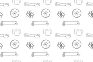 Seamless black-and-white pattern featuring spices, citrus slices, marshmallows, and star anise, perfect for coloring. vector