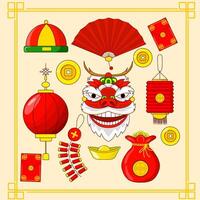 Illustration of clip art elements for Chinese New Year such as lanterns, fans and dragons in flat design style vector