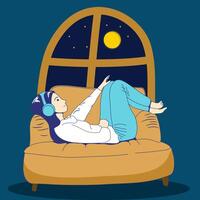 cartoon of a woman relaxing on a sofa using a headset at night vector