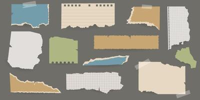 Blank torn colored paper with tape. Isolated note background set. Templates for note message, design elements for collage vector