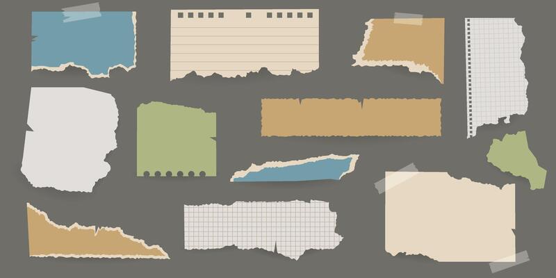 Blank torn colored paper with tape. Isolated note background set. Templates for note message, design elements for collage