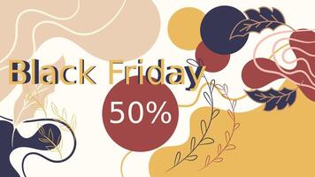 The image features a vibrant and artistic design with organic shapes and earthy colors The text Black Friday and 50 is prominently displayed in a bold gold font vector