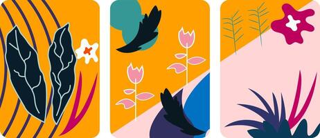 Each panel features a unique arrangement of stylized leaves flowers and geometric shapes in a bold color palette vector