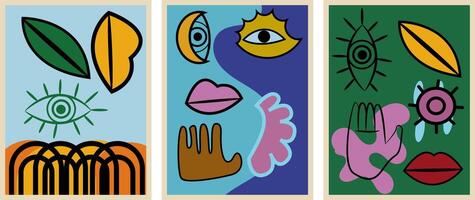This captivating triptych explores the realm of abstract expressionism employing a bold color palette and dynamic compositions vector