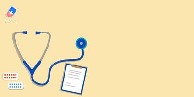 blue stethoscope and a clipboard on a yellow background vector