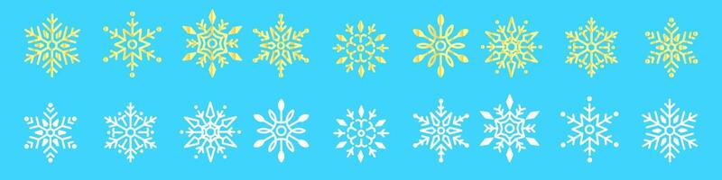 Snowflake variations icon collection. Snowflakes white ice and gold crystal on blue background. Christmas element vector