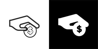black and white icons of a hand holding a coin and a dollar sign vector