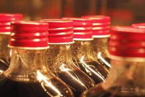A closeup view featuring bottles that have bright red caps on them photo