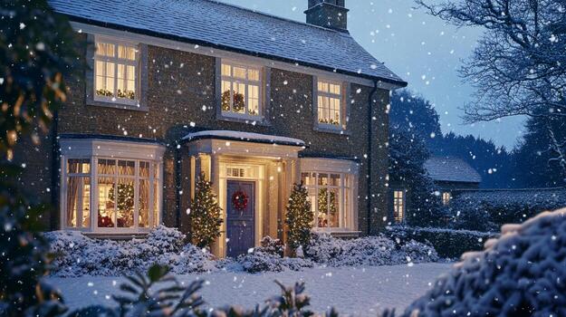 Christmas decorations of the old house in winter in the night city photo