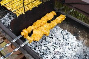 Juicy Chicken Satay on Charcoal Grill Outdoor Cooking photo