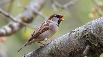 A sparrow is on a tree branch and making noise by shouting photo