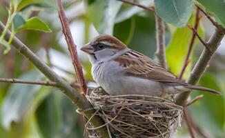 A cute sparrow is sitting on his nest covered with tree leaves photo