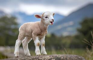 A cute lamb is on a rock and calling photo