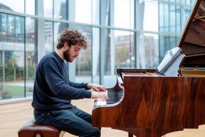 Man playing a polished grand piano in a room with large windows photo