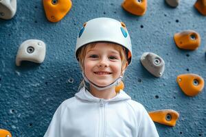 Child wearing a helmet and climbing gear smiles near a climbing wall photo