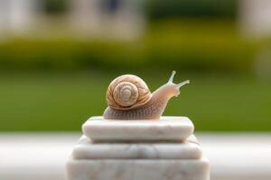 Small snail with a shell crawling on a wet surface photo