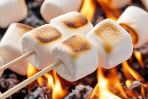Marshmallows on skewers being roasted over an open flame photo