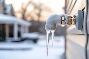 Frozen outdoor faucet covered with snow and icicles. Winter weather concept photo
