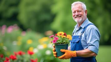 Smiling gardener in gloves and overalls with a container with a flowering plant photo