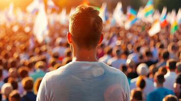 un caucásico masculino observa un vibrante multitud con banderas, encarnando unidad y público demostraciones video