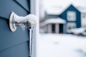 Frozen outdoor faucet covered with snow and icicles. Winter weather concept photo