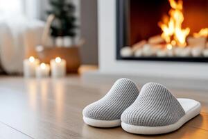 Living room with a fireplace and white slippers on a wooden floor photo