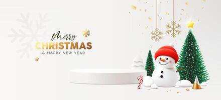 Merry Christmas and happy new year podium, Snowman, pine tree, greeting card banner design on white background vector
