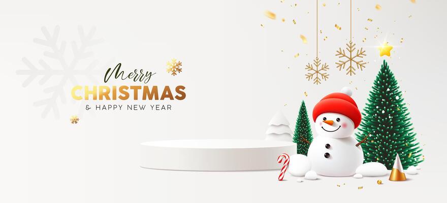 Merry Christmas and happy new year podium, Snowman, pine tree, greeting card banner design on white background