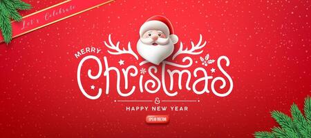 Merry Christmas text message, Cute Santa character, pine leave greeting card banner design on red background vector