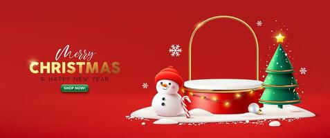 Merry Christmas and happy new year, Podium display, snowman and christmas green tree banner design on red background vector