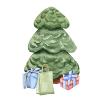 Christmas tree with gifts. Watercolor illustration of a Christmas tree with surprises. Hand-drawn drawings for your design png