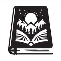 An open book with mountains and trees in the background vector