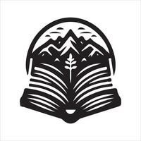 An open book with mountains and trees in the background vector