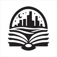 An open book with a city skyline in the background vector