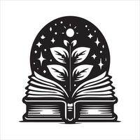 An open book with a plant inside it and stars on the background vector
