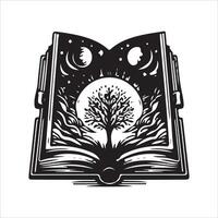 An open book with a tree inside it and a moon on the cover vector