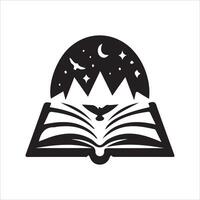 An open book with a mountain and stars on it vector