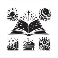 Set of black and white icons of magic, books, stars, moon, and other symbols vector