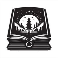 An open book with a tree and a mountain in the background vector