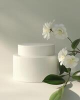 A white cream plastic jar with white lid on flowers amp plants background packaging mockup photo
