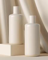 Two white shampoo bottles on a table with a sheer background photo